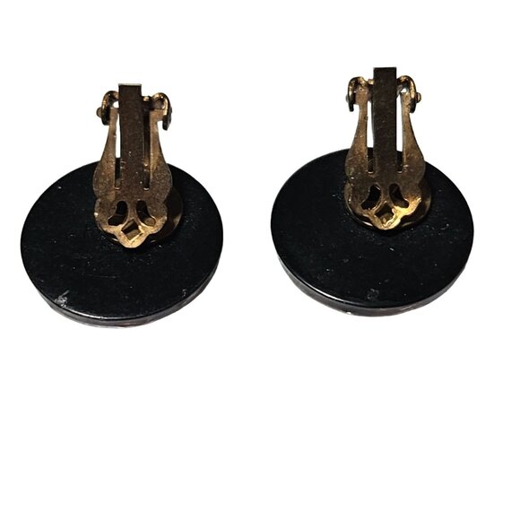 Vintage Black Gold Moons Foil Confetti Resin Clip On Earrings Retro Fashion - Picture 3 of 5